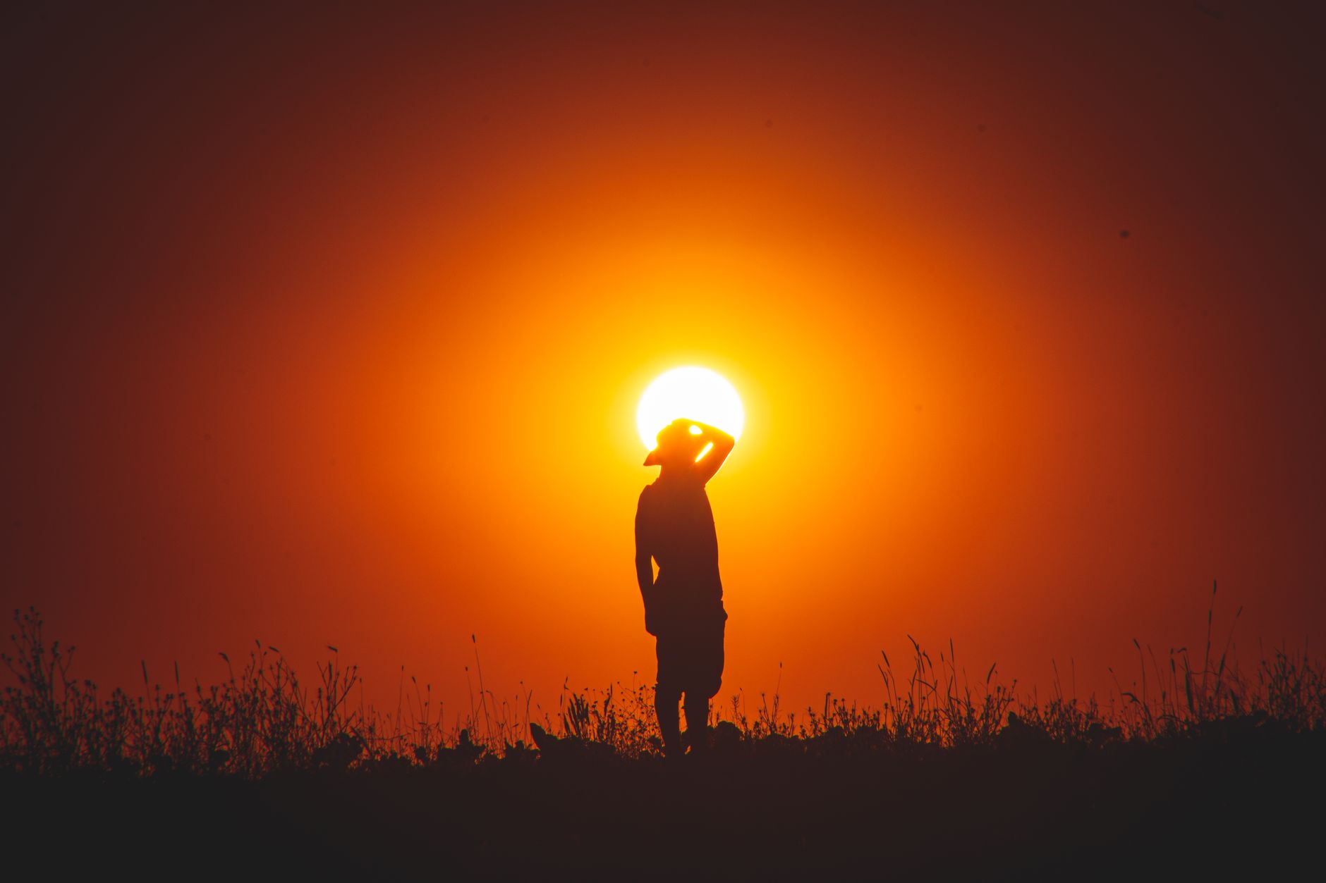 silhouette of person at sunset in nature