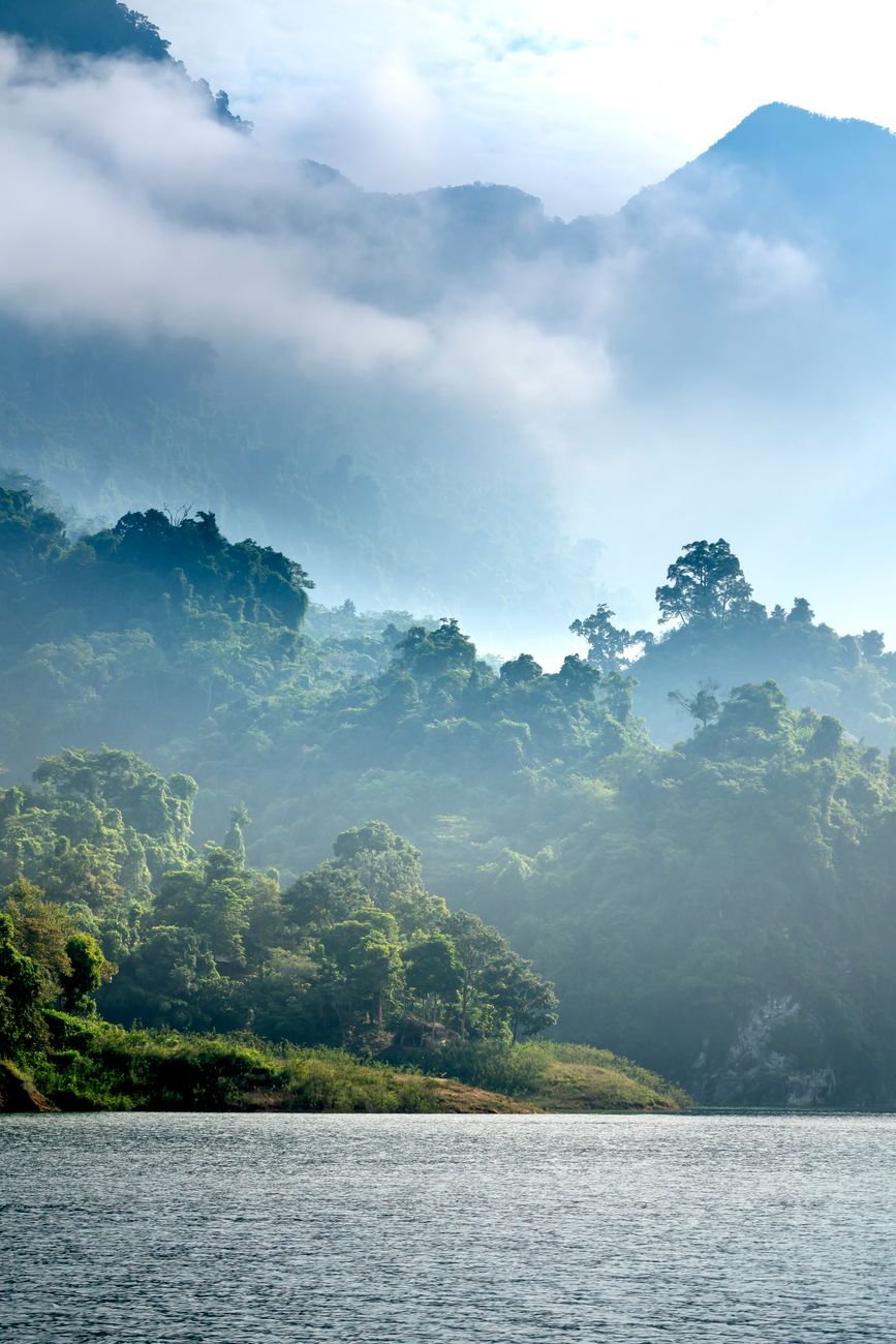picturesque scenery of lake near mountainous coast with trees